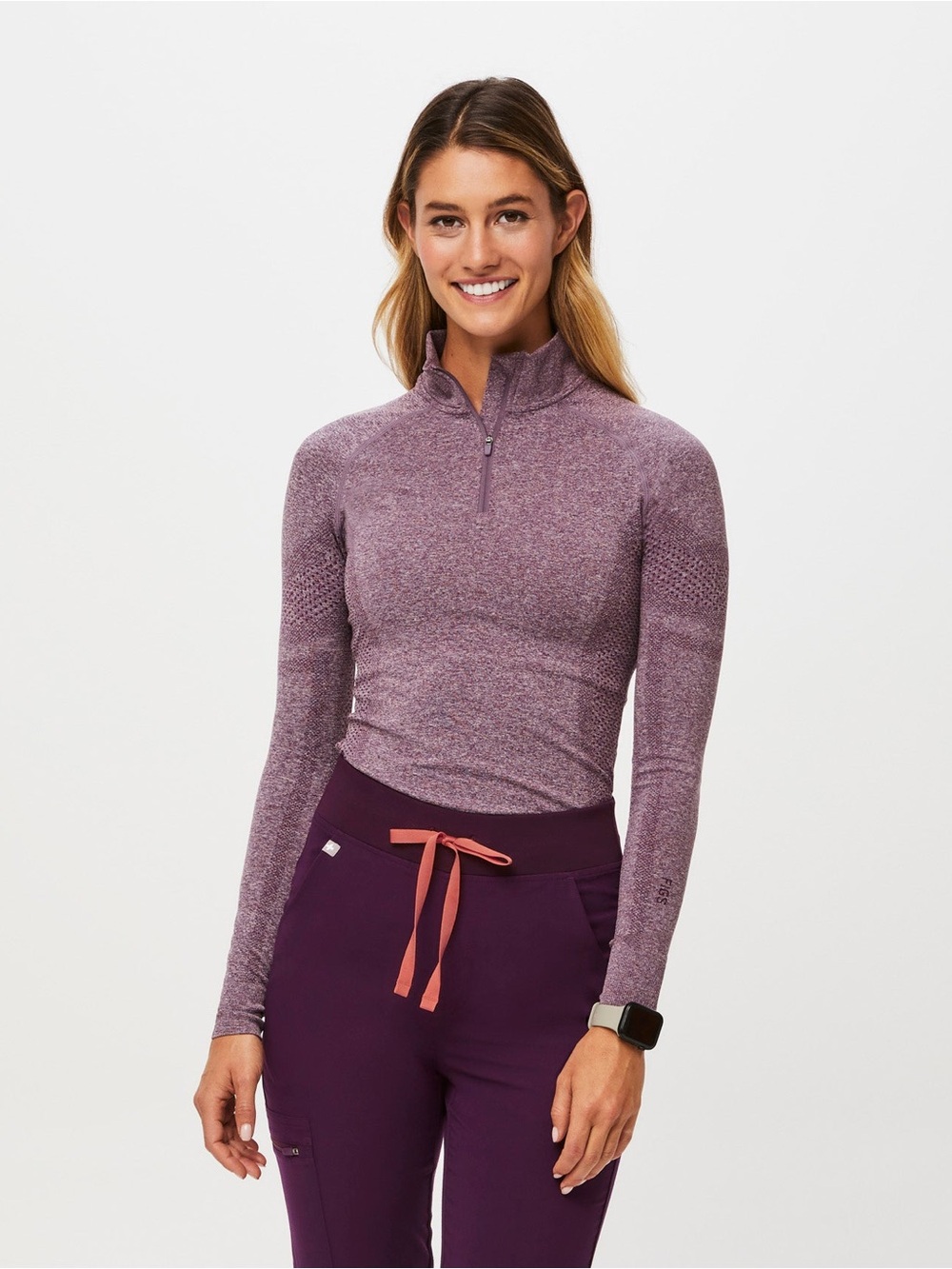 FIGS scrubs heather deep purple Salta Seamless 1/4 zip top